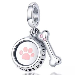925 Sterling Silver dangle charm, featuring a cute dog bowl with a pink enamel
